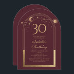 Invitación Celestial Red Gold Sun Moon Stars 30 cumpleaños<br><div class="desc">Astronomía celestial Red Gold Sun Moon 30th Birthday Invitation presenta un elegante sol dorado, luna y estrellas con un marco dorado sobre un fondo rosado profundo. Adentro está tu personalizado la información de la invitación por trigésimo cumpleaños. Personalice editando el texto en los cuadros de texto. Diseñado por Evco Studio...</div>