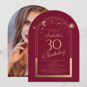 Invitación Celestial Red Gold Sun Moon Stars 30 cumpleaños