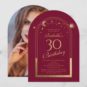 Invitación Celestial Red Gold Sun Moon Stars 30 cumpleaños