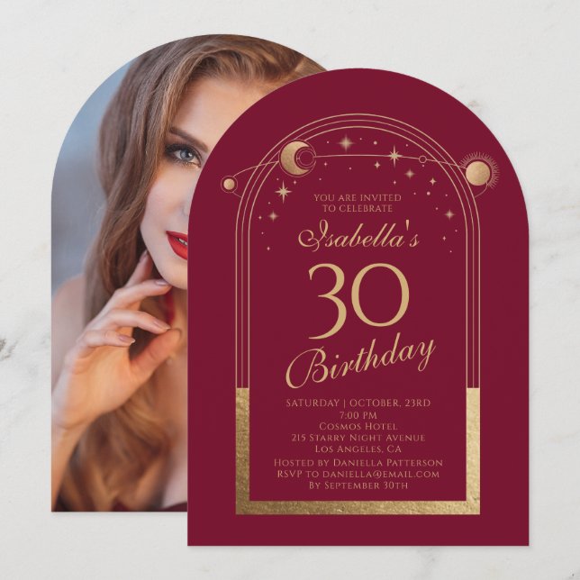 Invitación Celestial Red Gold Sun Moon Stars 30 cumpleaños (Anverso / Reverso)