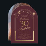 Invitación Celestial Red Gold Sun Moon Stars 30 cumpleaños<br><div class="desc">Celestial Red Gold Sun Moon Astronomy 30th Birthday Photo Invitation presenta un elegante sol dorado,  luna y estrellas con un marco dorado sobre un fondo rosado profundo. Adentro está tu personalizado la información de la invitación por trigésimo cumpleaños. Al contrario,  agrega tu foto favorita. Diseñado por Evco Studio www.zazzle.com/store/evcostudio</div>