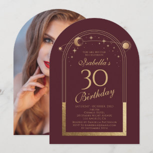 Invitación Celestial Red Gold Sun Moon Stars 30 cumpleaños