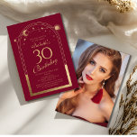 Invitación Celestial Red Gold Sun Moon Stars 30 cumpleaños<br><div class="desc">Celestial Red Gold Sun Moon Astronomy 30th Birthday Photo Invitation presenta un elegante sol dorado,  luna y estrellas con un marco dorado sobre un fondo rojo. Adentro está tu personalizado la información de la invitación por trigésimo cumpleaños. Al contrario,  agrega tu foto favorita. Diseñado por Evco Studio www.zazzle.com/store/evcostudio</div>