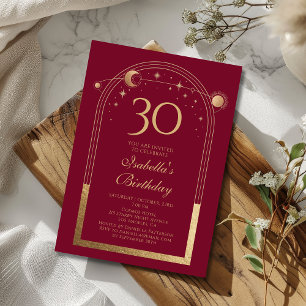 Invitación Celestial Red Gold Sun Moon Stars 30 cumpleaños