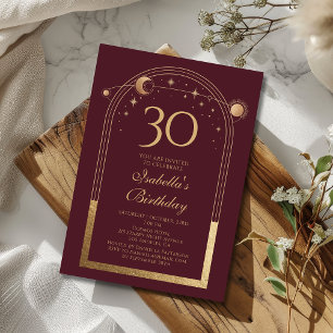 Invitación Celestial Red Gold Sun Moon Stars 30 cumpleaños
