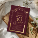 Invitación Celestial Red Gold Sun Moon Stars 30 cumpleaños<br><div class="desc">Astronomía celestial Red Gold Sun Moon 30th Birthday Invitation presenta un elegante sol dorado, luna y estrellas con un marco dorado sobre un fondo rosado profundo. Adentro está tu personalizado la información de la invitación por trigésimo cumpleaños. Personalice editando el texto en los cuadros de texto. Diseñado por Evco Studio...</div>