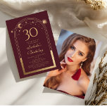 Invitación Celestial Red Gold Sun Moon Stars 30 cumpleaños<br><div class="desc">Celestial Red Gold Sun Moon Astronomy 30th Birthday Photo Invitation presenta un elegante sol dorado,  luna y estrellas con un marco dorado sobre un fondo rosado profundo. Adentro está tu personalizado la información de la invitación por trigésimo cumpleaños. Al contrario,  agrega tu foto favorita. Diseñado por Evco Studio www.zazzle.com/store/evcostudio</div>