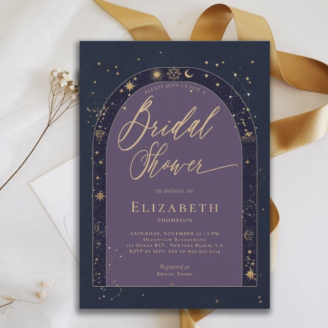 Invitación Celestial Starry Night Zodiac Planet Bridal Shower (celestial bridal shower invitation zodiac signs astrology map universe bespoke navy blue purple)