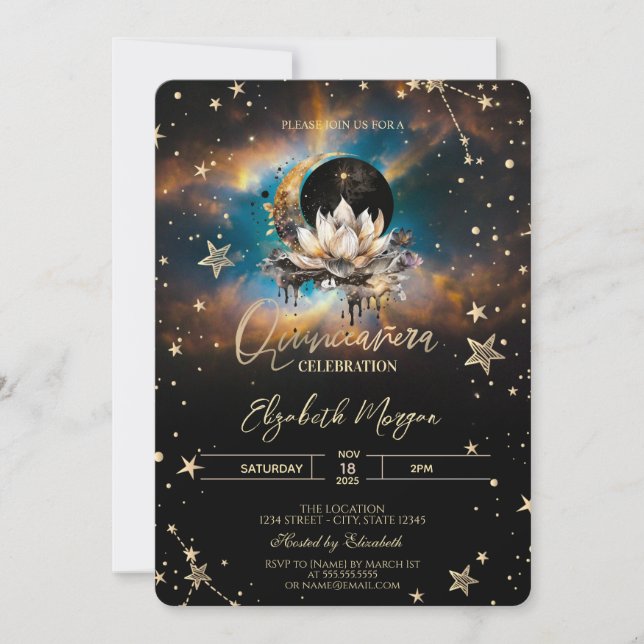Invitación Celestial Sun,Moon Lotus Stars Quinceanera (Anverso)