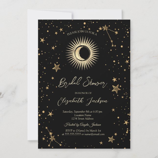 Invitación Celestial Sun,Moon,Stars Black Bridal Shower (Anverso)