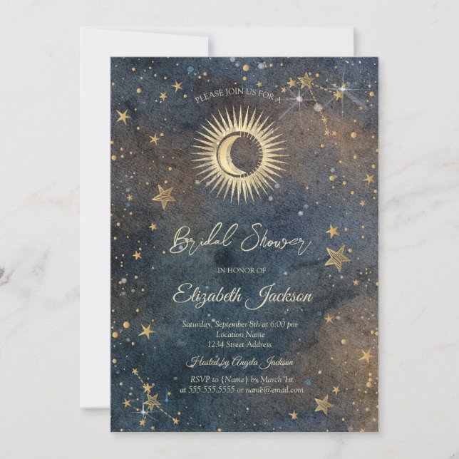 Invitación Celestial Sun,Moon,Stars Galaxy Bridal Shower (Anverso)