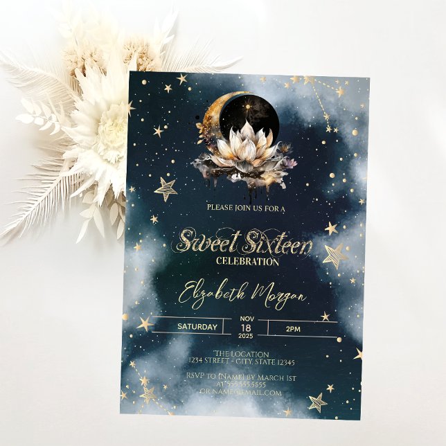 Invitación Celestial Sun,Moon,Stars Lotus Sky Sweet 16 (Subido por el creador)
