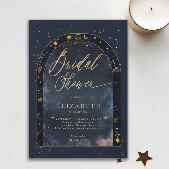 Invitación Celestial Waters Starry Zodiac Moon Bridal Shower (celestial bridal shower invitation zodiac signs astrology oracle universe mystical waters navy blue )