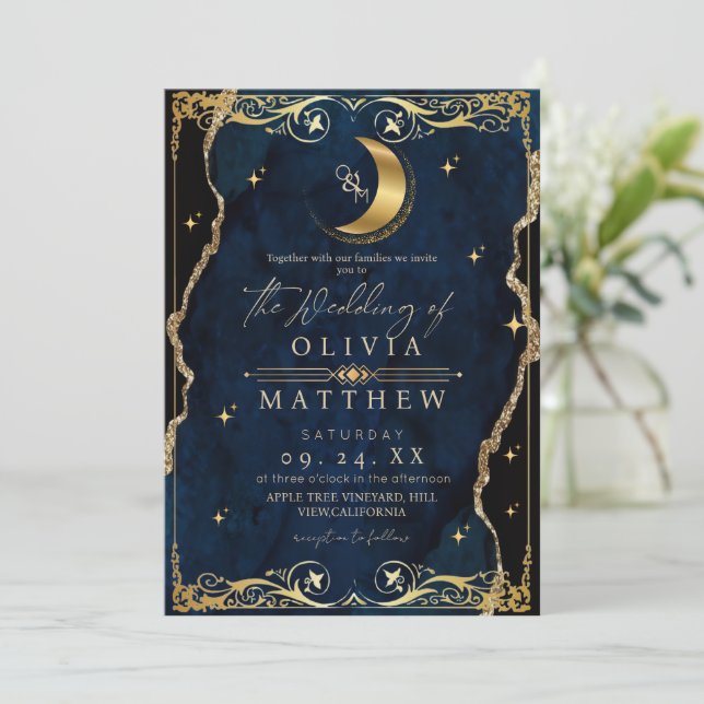 Invitación Celestial Wedding Blue and Gold Photo Wedding (Anverso de pie)