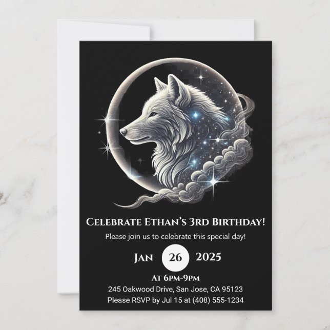 Invitación Celestial White Wolf Moon Birthday Invitation (Anverso)