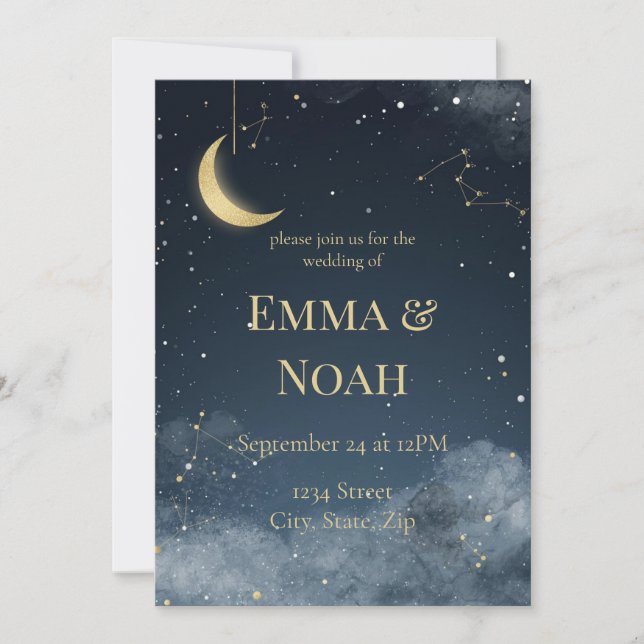 Invitación Celestial Winter Wedding Invitation | Navy & Gold (Anverso)