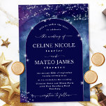 Invitación Celine ・ Boda nocturno estelar con arcos celestes<br><div class="desc">Presentamos la invitación a la boda "Celine", con un impresionante diseño celeste con un arco moderno. El fondo azul profundo y violeta de las acuarelas imita la belleza de un cielo estrellado por la noche, mientras que la disposición en arco da un toque contemporáneo. Las estrellas se espolvorean a través...</div>