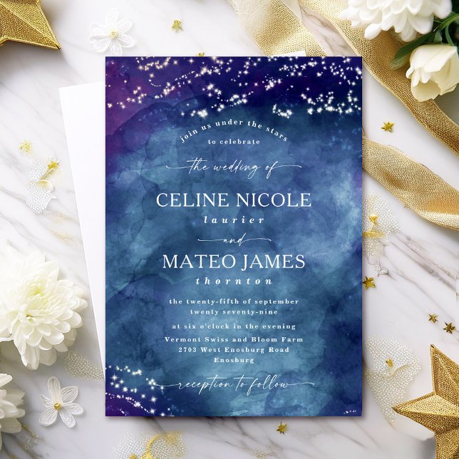Invitación Celine ・ Elegante Boda Celestial Starry Night (Announce your special day with the Celine wedding invite, featuring a dreamy celestial design.)