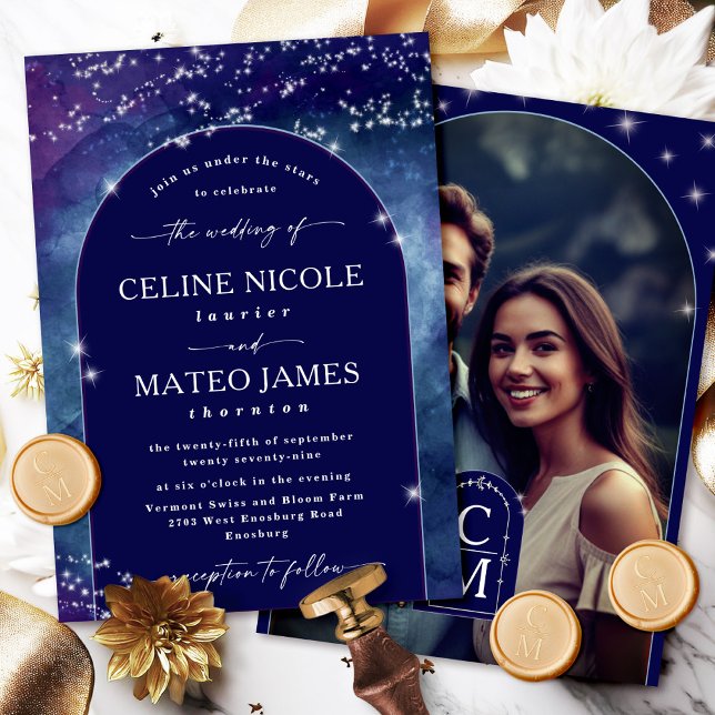 Invitación Celine ・ Elegante foto Boda con cielo azul (Celebrate your love story with the Celine wedding invite, featuring a custom photo.)