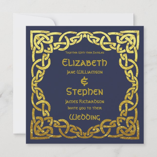 Invitación Celta Azul Marino | Boda Nudo Celta Falso Oro (Anverso)