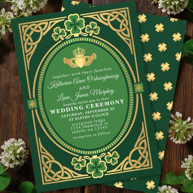 Invitación Celtic Knot Claddagh Shamrock Wedding Green  (Subido por el creador)