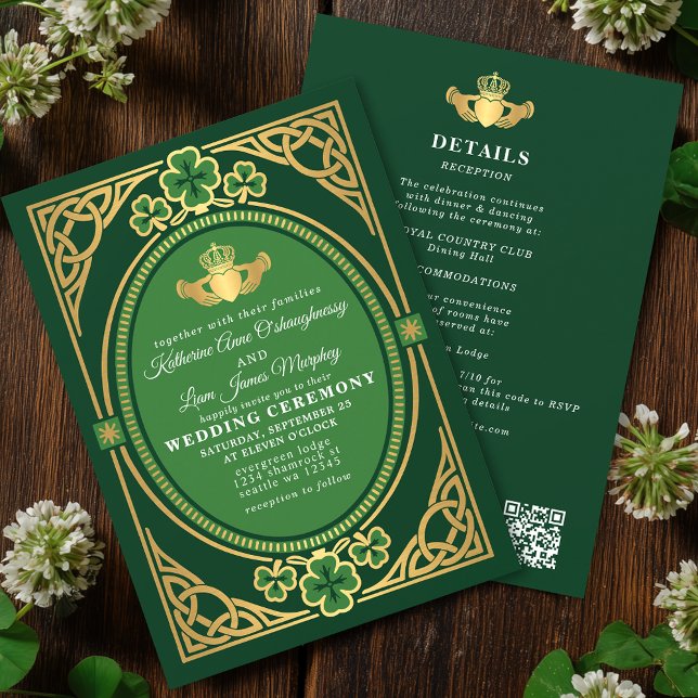 Invitación Celtic Knot Claddagh Shamrock Wedding Green QR (Subido por el creador)