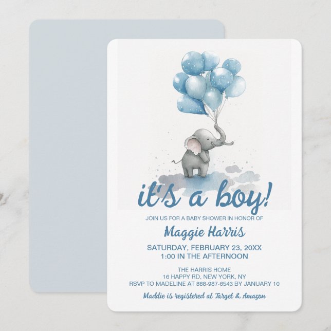 Invitación Células azules de elefante lindo es un niño Baby S (Anverso / Reverso)