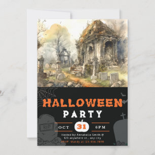 Invitación Cementerio asustado y asustado Halloween negro