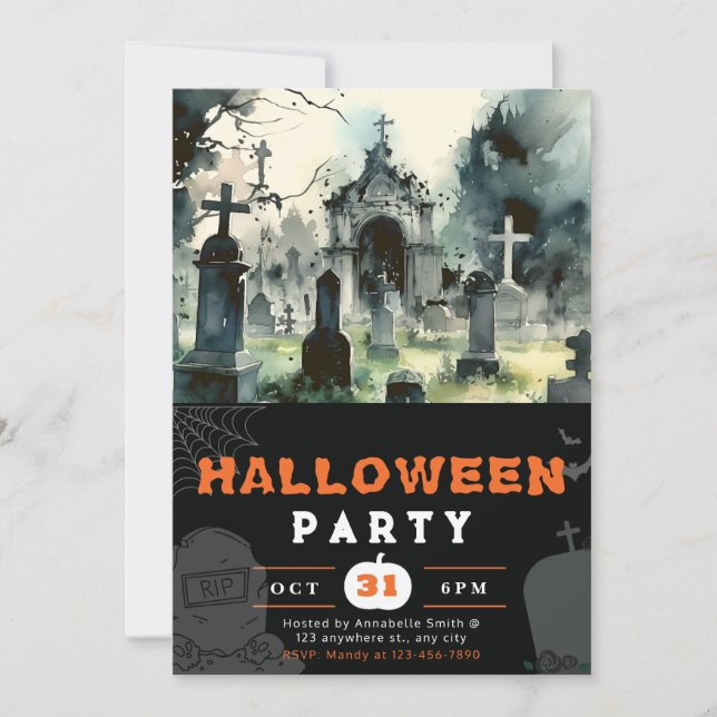 Invitación Cementerio asustado y asustado Halloween negro (Anverso)
