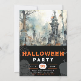 Invitación Cementerio asustado y asustado Halloween negro