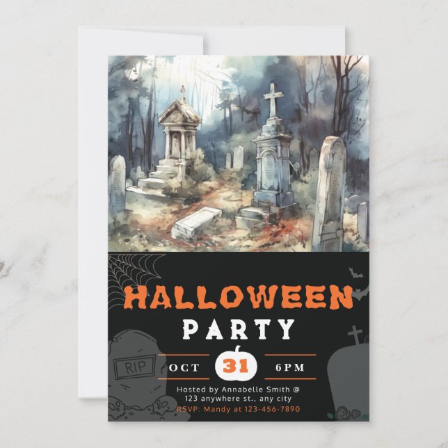Invitación Cementerio asustado y asustado Halloween negro (Anverso)