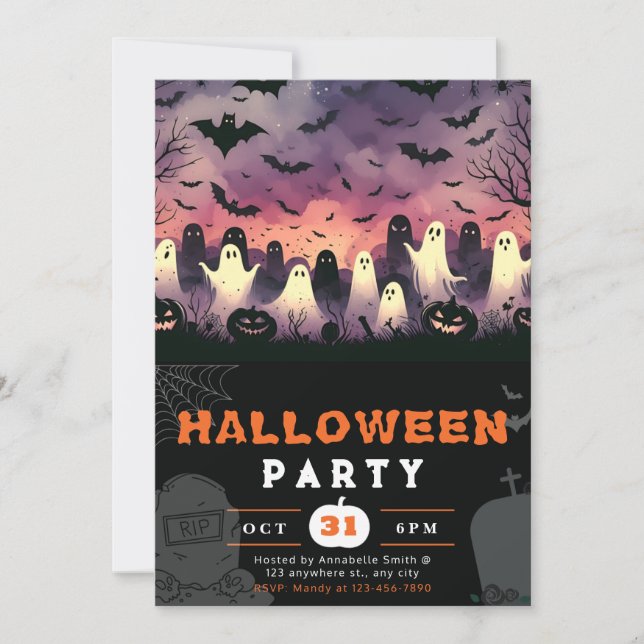 Invitación Cementerio de Fantasmas Blancos y Negros Creepe Sk (Anverso)