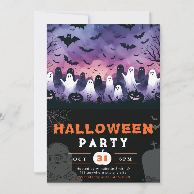 Invitación Cementerio de Fantasmas Blancos y Negros Creepe Sk (Anverso)