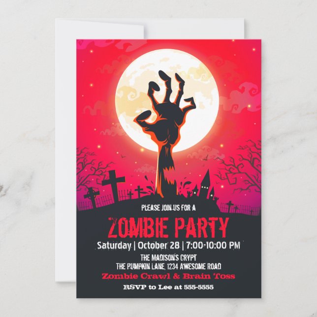Invitación Cementerio de Zombies Rojo Halloween (Anverso)