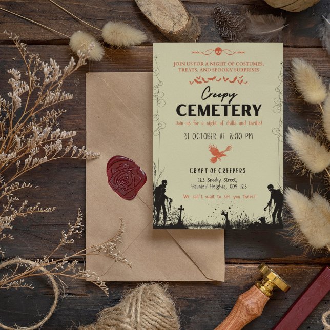 Invitación Cementerio espeluznante de vainilla con acento ver (Creepy Cemetery Vanilla with Vermilion Accent Invitation Cover from The Beekeeper Store)