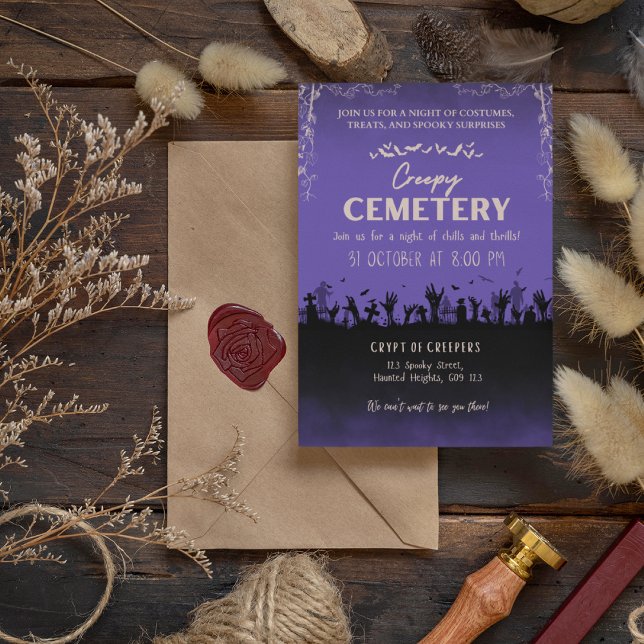Invitación Cementerio espeluznante morado con fuerte acento d (Creepy Cemetery Purple with Dusty Storm Accent Invitation Cover from The Beekeeper Store)