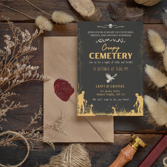 Invitación Cementerio espeluznante negro y oro (Creepy Cemetery Black and Gold Invitation Cover from The Beekeeper Store)