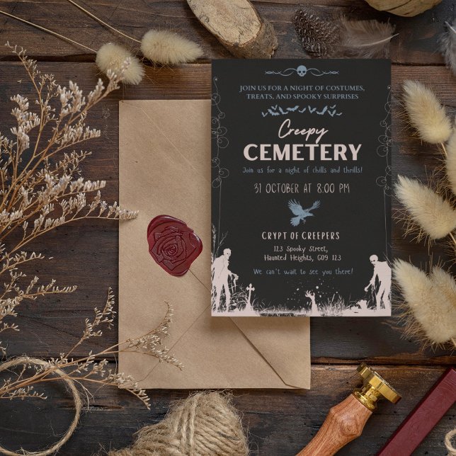 Invitación Cementerio espeluznante rojo denso con acento azul (Creepy Cemetery Dusty Red with Blue Accent Invitation Cover from The Beekeeper Store)