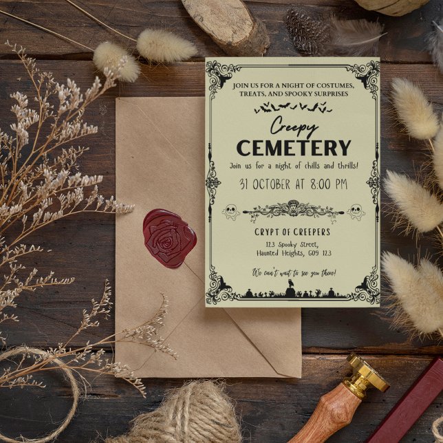 Invitación Cementerio espeluznante vainilla oscura con acento (Creepy Cemetery Dark Vanilla with Black Accent Invitation Cover from The Beekeeper Store)