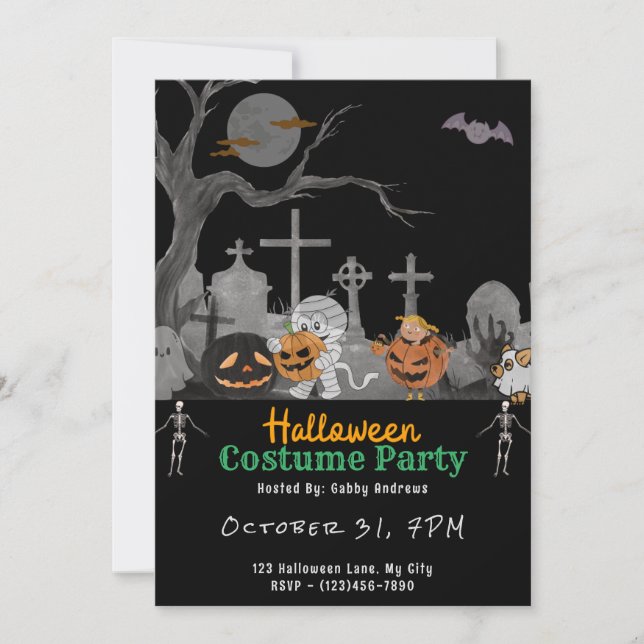 Invitación Cementerio lindo con fantasmas momia Halloween neg (Anverso)