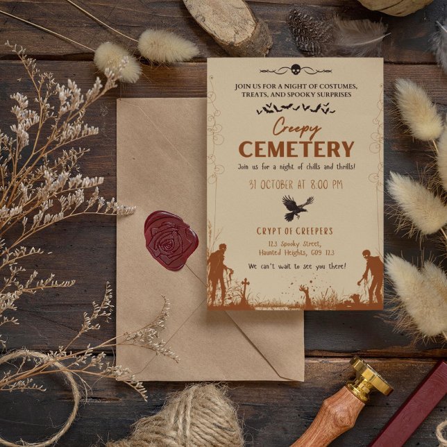 Invitación Cementerio marrón espeluznante con acento negro hu (Creepy Cemetery Brown with Smoky Black Accent Invitation Cover from The Beekeeper Store)