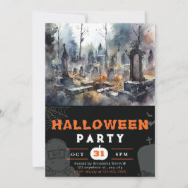 Invitación Cementerio negro espeluznante y aterrador de Hallo