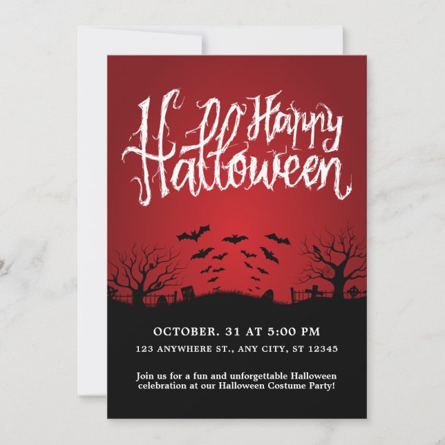 Invitación Cementerio Oscuro Bats Black And Red Halloween Par (Anverso)