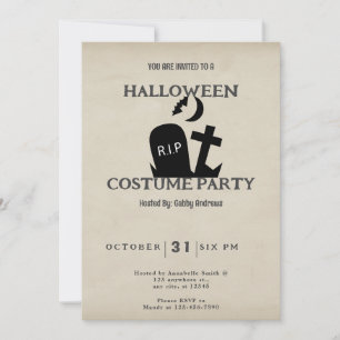 Invitación Cementerio QEPD Bat Crescent Moon Vintage Hallowee