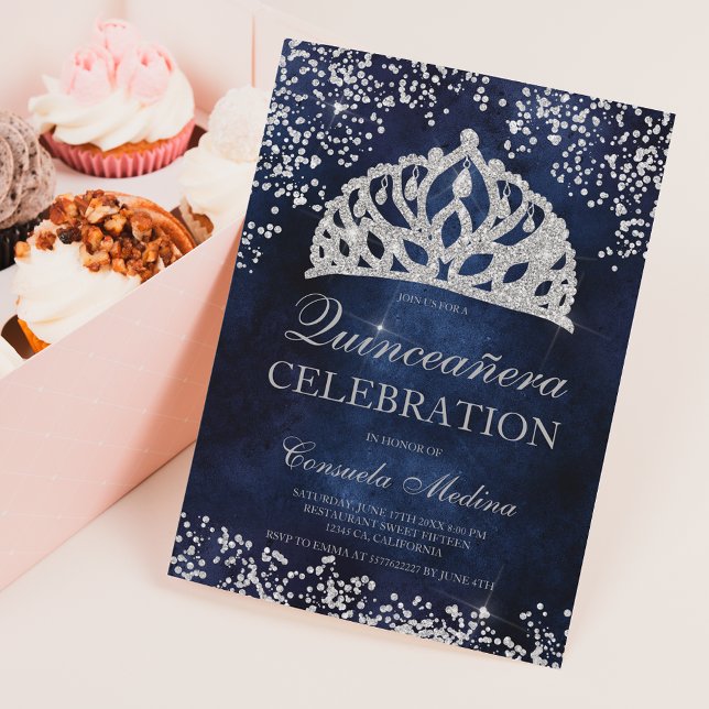 Invitación Cemento azul marino purpurina de plata tiara Quinc (Subido por el creador)
