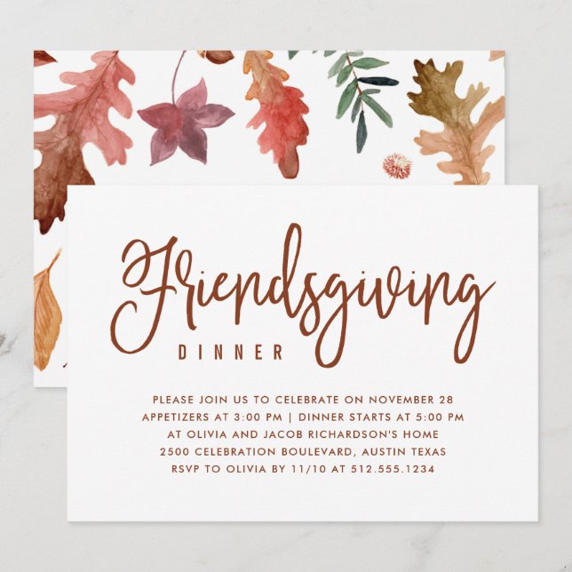 Invitación Cena amistosa| Blanco con hojas de otoño (Anverso / Reverso)