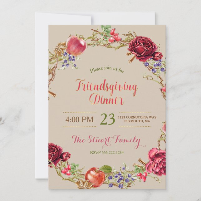 Invitación Cena amistosa Cae manzanas Rosas de canela (Anverso)