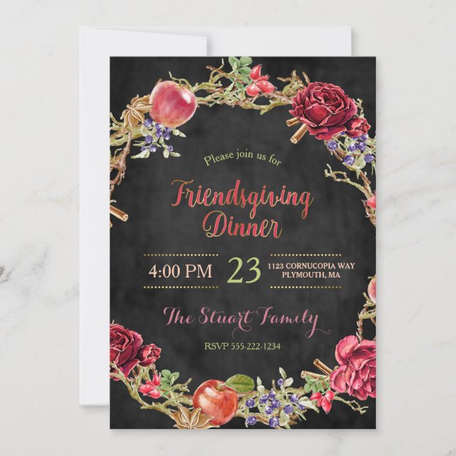 Invitación Cena amistosa Cae manzanas Rosas de canela (Anverso)