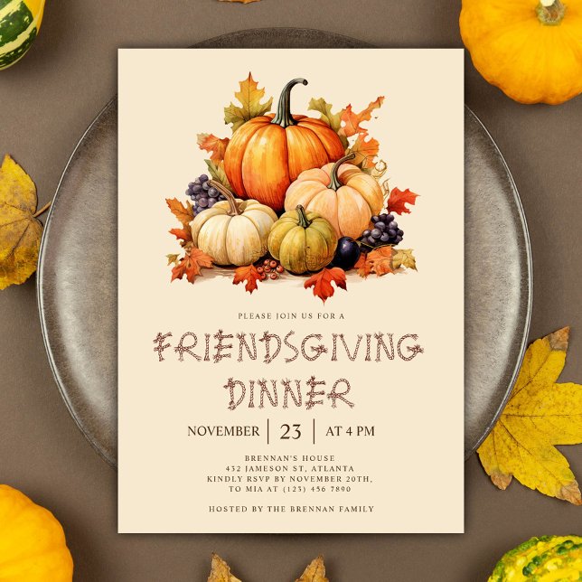 Invitación Cena amistosa con calabazas (Pumpkin Friendsgiving Dinner Invitation)