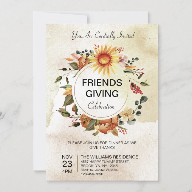 Invitación Cena amistosa Día de Acción de Gracias Girasol oto (Anverso)